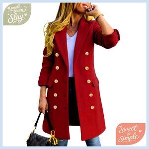 Wool Peacoat Trench Coat Double Breasted Knee Length Slim Fit